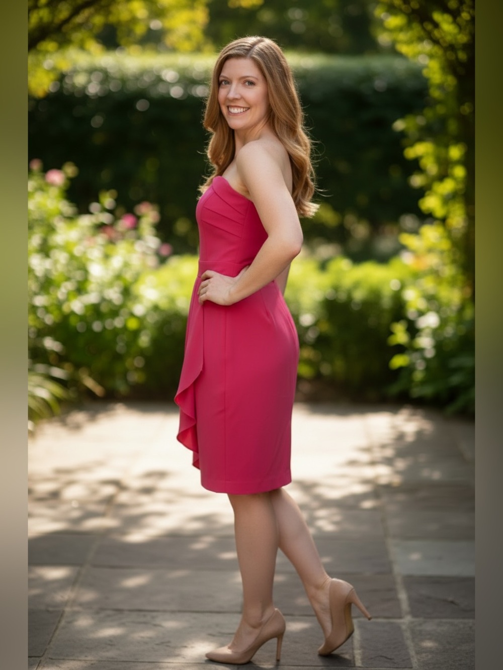 BCBGeneration Strapless Ruffle-Front Dress in Hot Pink